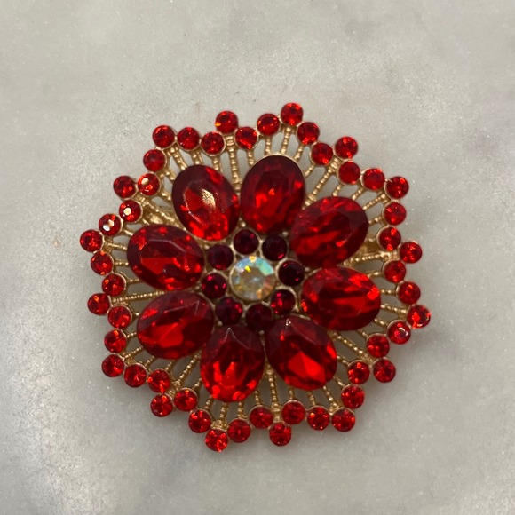 Jewelry - Flower Sunburst Brooch Pin Red Aurora Borealis Rhinestone Crystal New Accessory